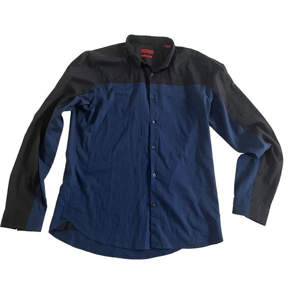 Hugo Boss Retro Color Block Long Sleeve‎ Dress Shirt XL Slim Fit Black & Blue - Picture 1 of 8